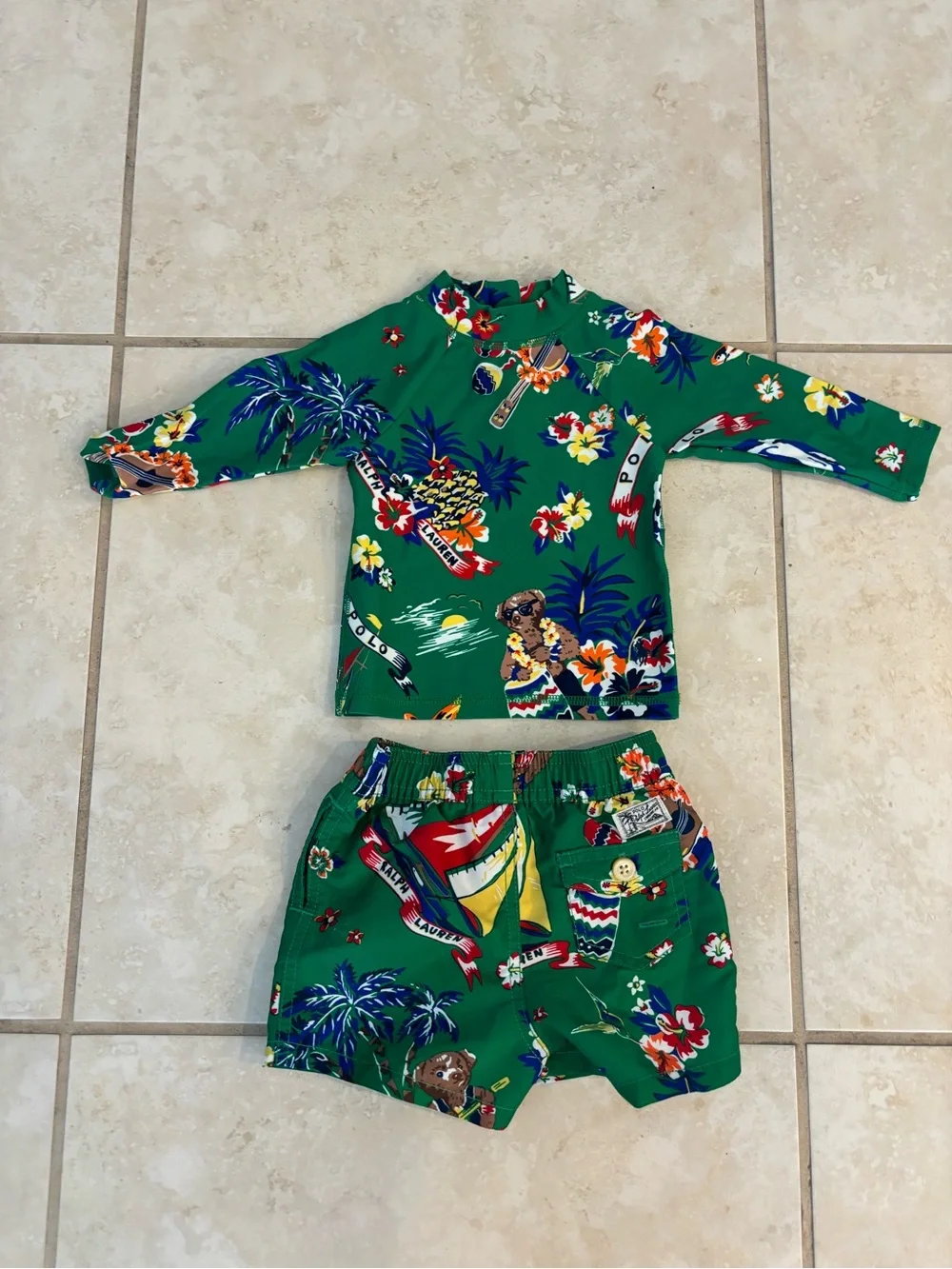 Ralph Lauren Green Tropical Print Kids Rash Guard and Swim Shorts Set